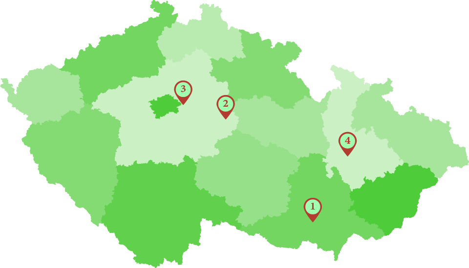 Mapa České republiky s vyznačenými pozicemi prodejních míst